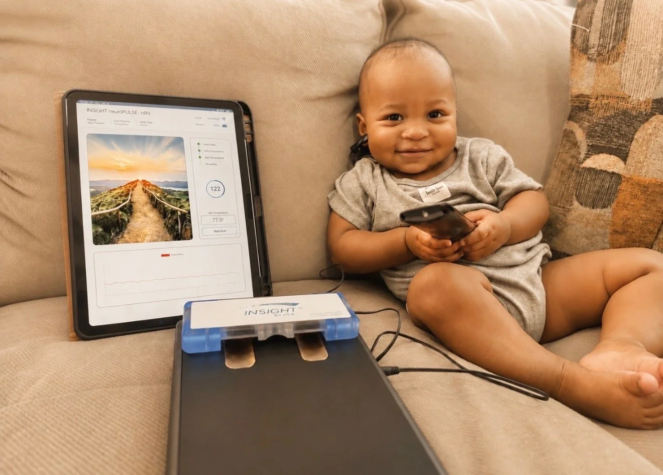 Baby receiving an HRV nervous system scan during a pediatric chiropractic evaluation