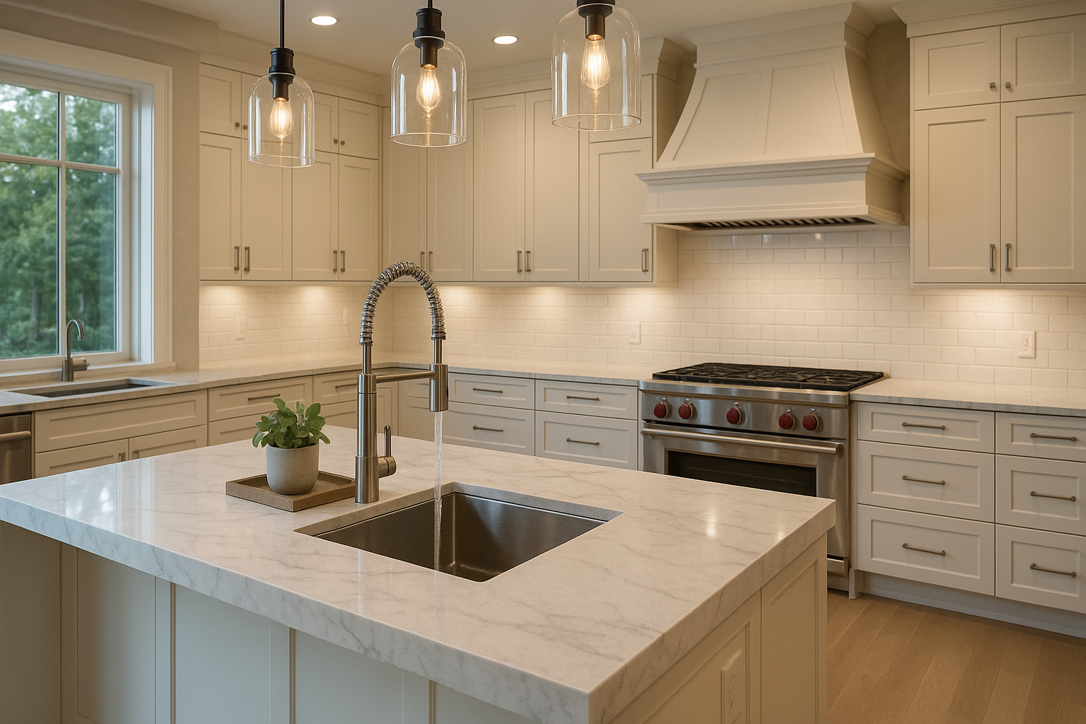 A modern white kitchen with a center island featuring a built-in sink and a pot with a green plant. There are three pendant lights hanging above the island. The kitchen has white cabinetry, a white brick backsplash, stainless steel appliances, and a large window showing green trees outside.