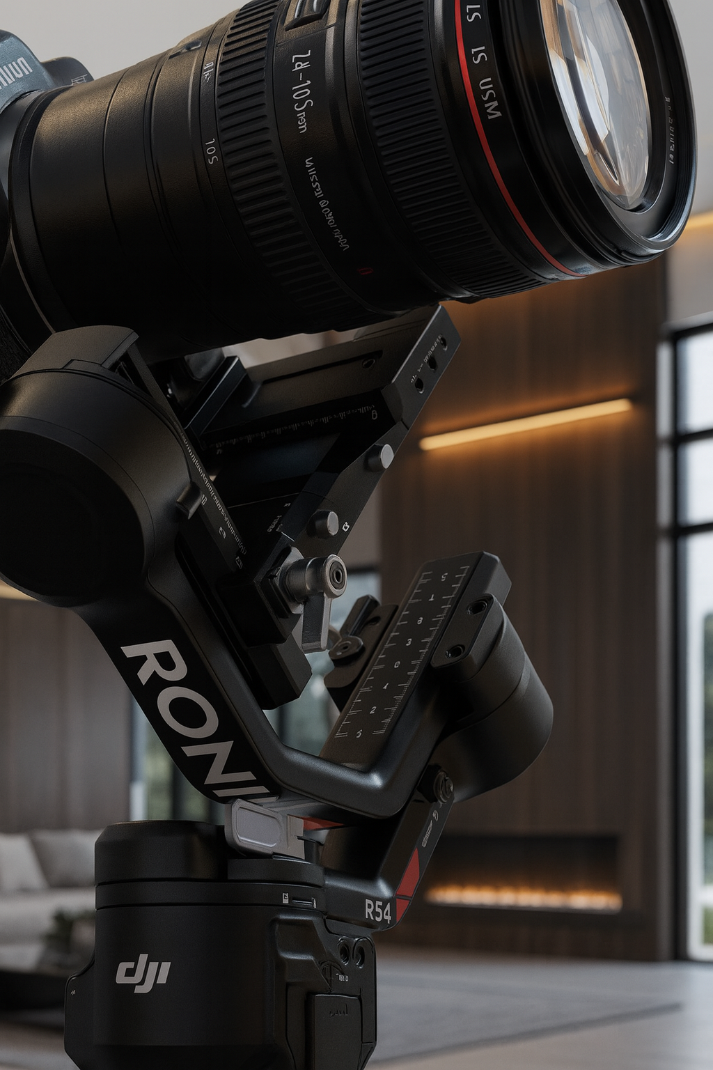 A professional drone camera with a large lens mounted on a gimbal, with the DJI logo visible, indoors with modern decor and large windows in the background.