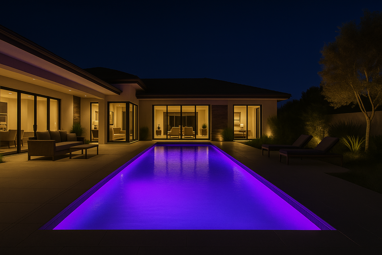 Nighttime view of a modern house with a glowing purple swimming pool, outdoor furniture, and illuminated interior rooms visible through large glass doors.