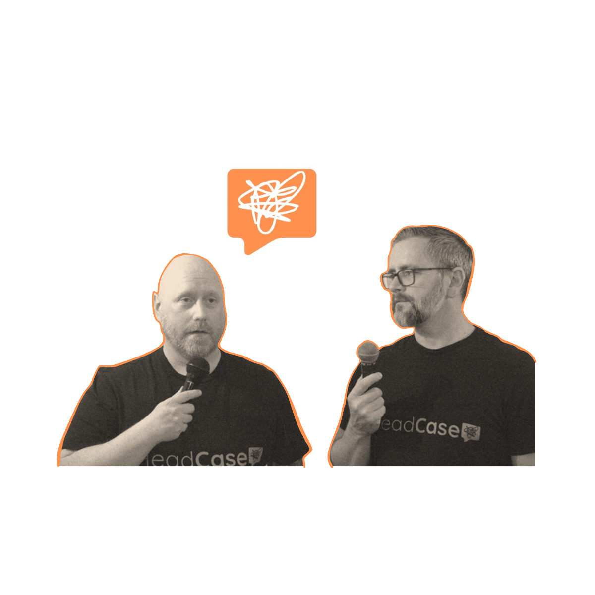 Two men speaking into microphones on stage, outlined in orange, with a speech bubble above them containing a scribbled line drawing.