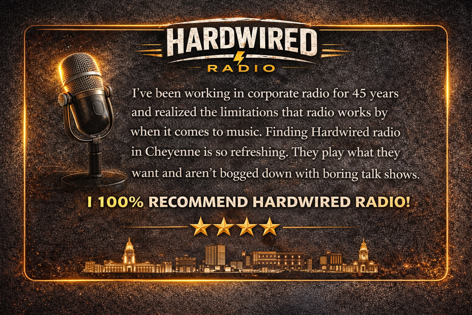 A promotional graphic for Hardwired Radio featuring a vintage microphone on the left, a city skyline at the bottom, and text praising the radio station's music selection and recommending it with a four-star rating. The background is dark with an orange glow and a sparkly texture.