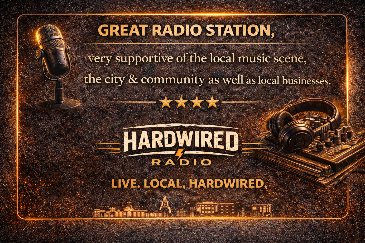 Artwork promoting Hardwired Radio with a microphone on the left, a pair of headphones and a music mixer on the right, and a city skyline at the bottom. The text reads: 'Great radio station, very supportive of the local music scene, the city & community as well as local businesses. 4 stars. Hardwired Radio. Live. Local. Hardwired.' The background is dark with orange and gold accents.