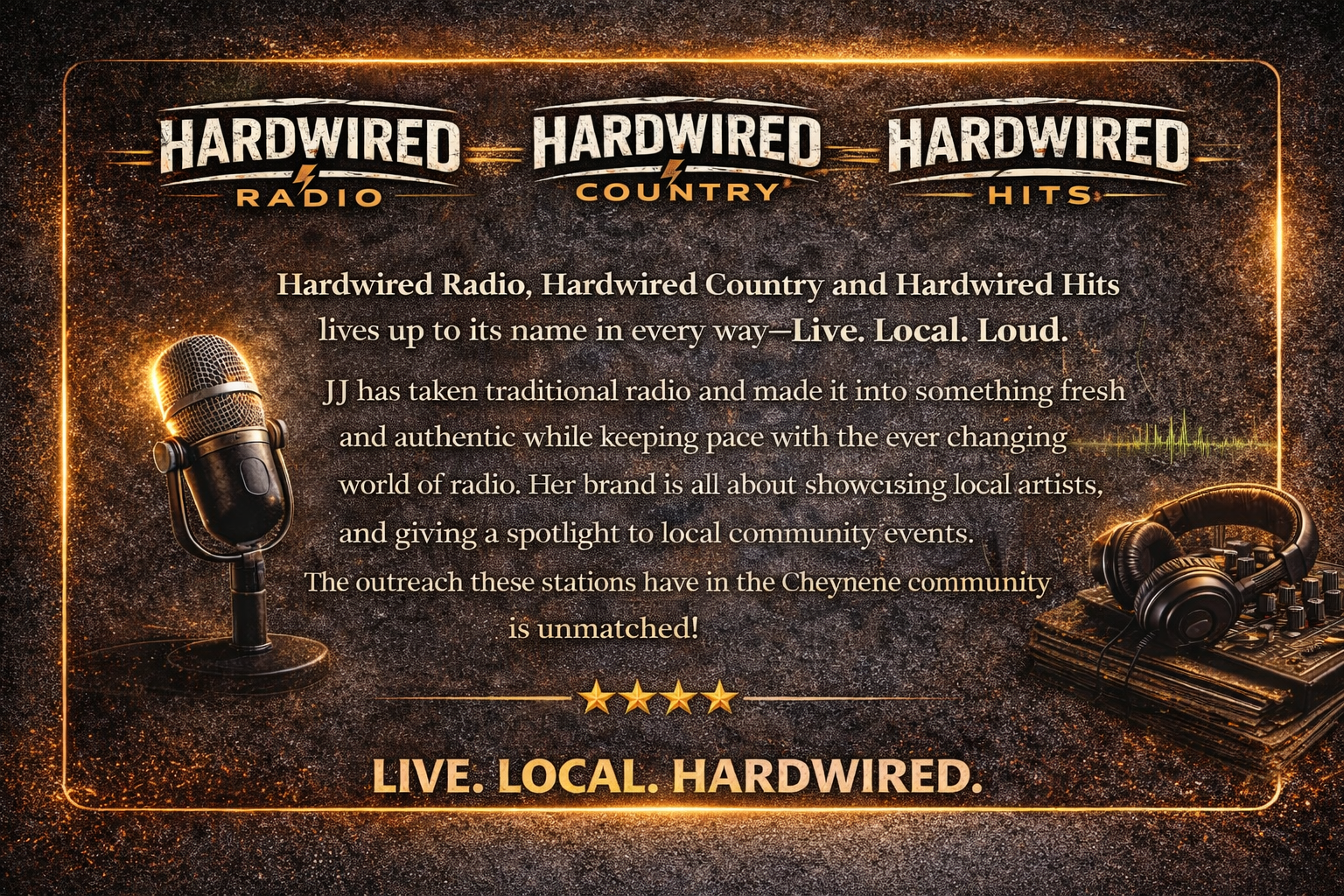Promotional graphic for Hardwired Radio, Hardwired Country, and Hardwired Hits, featuring a microphone on the left and a DJ mixer with headphones on the right. Contains a description of the radio stations' focus on local artists and community events, with gold stars and the slogan "Live. Local. Hardwired." at the bottom.