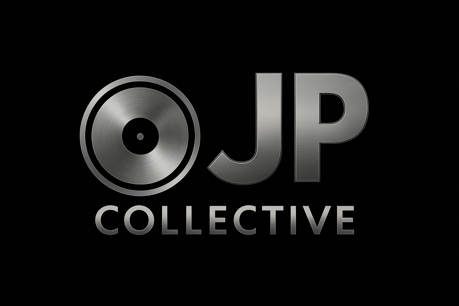 Logo with a vinyl record graphic, the letters 'JP' in metallic style, and the word 'COLLECTIVE' below on a black background.