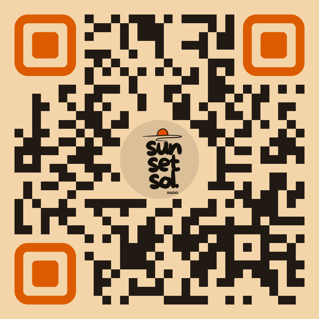 A QR code with a beige background featuring a logo in the center that reads 'Sunset Sal' with a stylized sun and planet illustration, and small text 'RADIO' underneath.