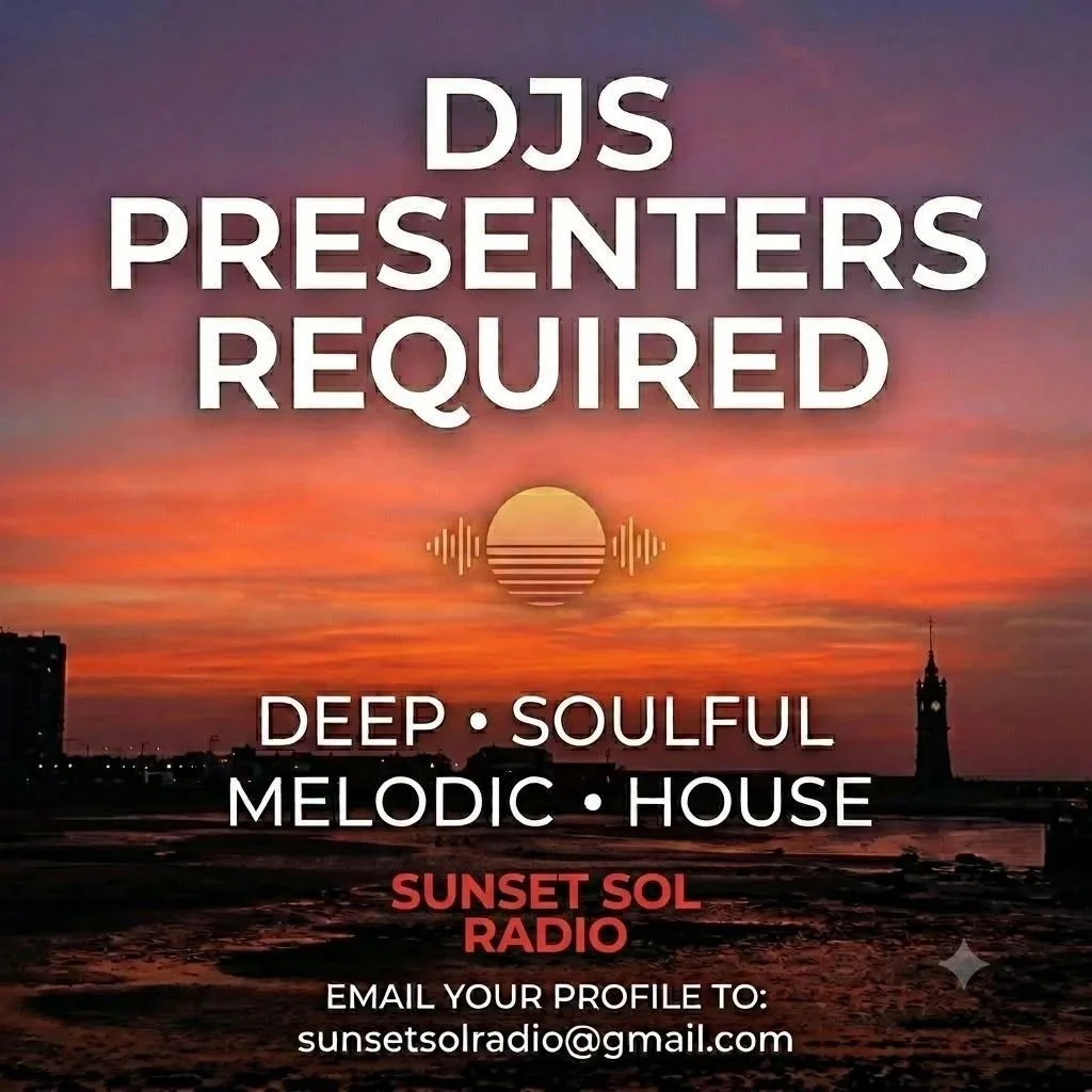 Promotional poster for Sunset Sol Radio featuring a sunset over a city skyline with the text 'DJs Presenters Required' and musical themes, encouraging email contact.