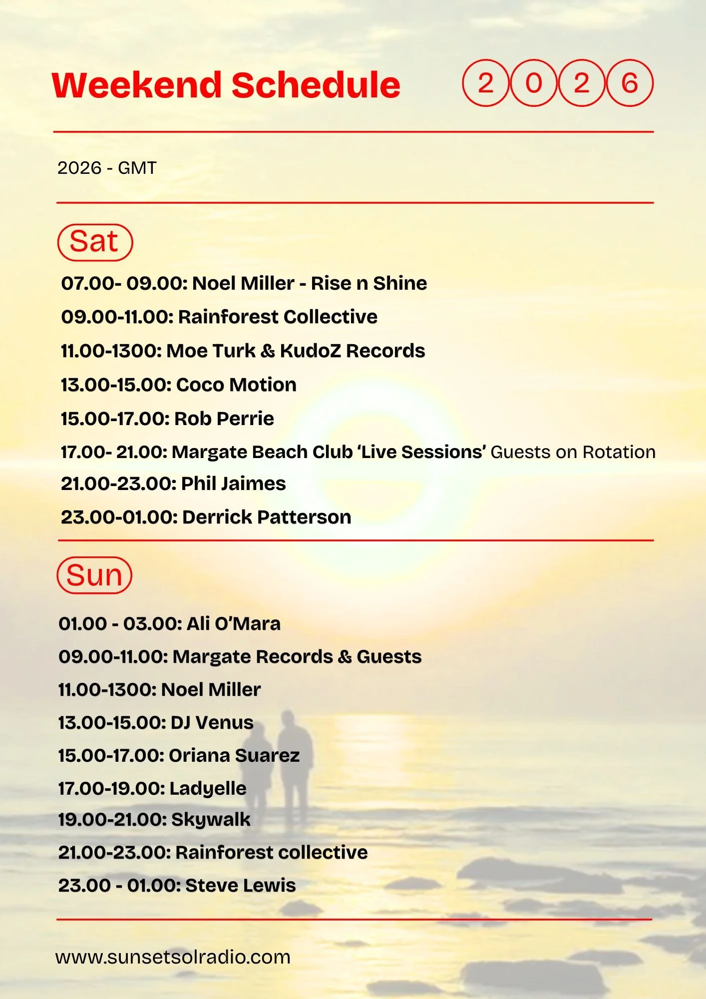 Sunset over the beach with silhouettes of people walking, overlaid with a weekend music and radio show schedule for Saturday and Sunday in 2026, including artists and time slots, and a website link at the bottom.