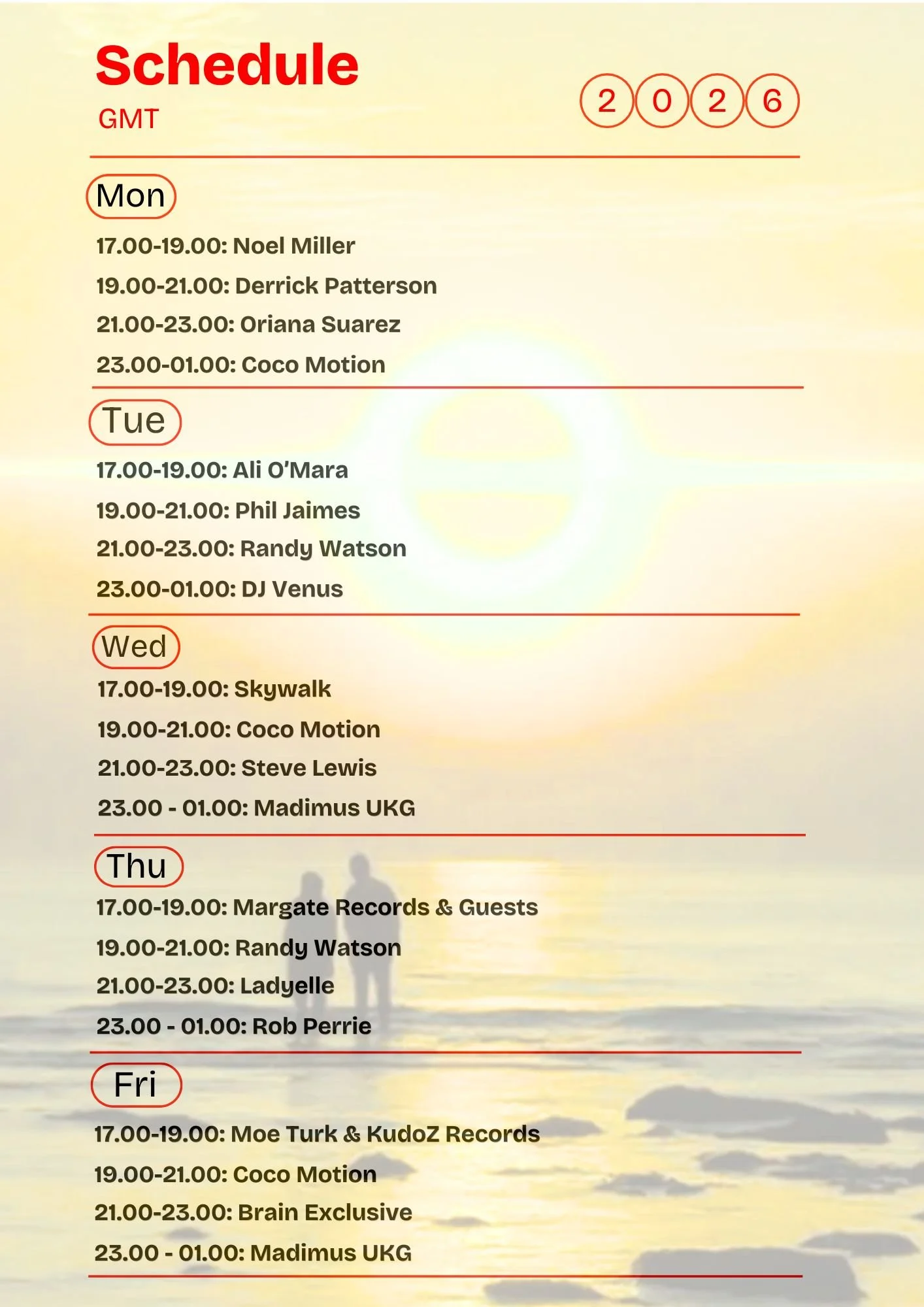 A weekly music event schedule displayed with a background of a sunset over a beach with two silhouetted people walking along the shore. The schedule lists performances from Monday to Friday, including artist names and times.