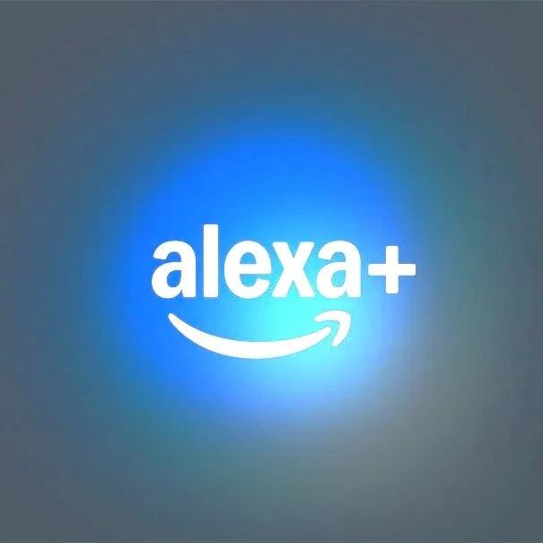 Amazon Alexa logo with the text 'alexa+' and a curved arrow underneath, glowing on a gradient background.