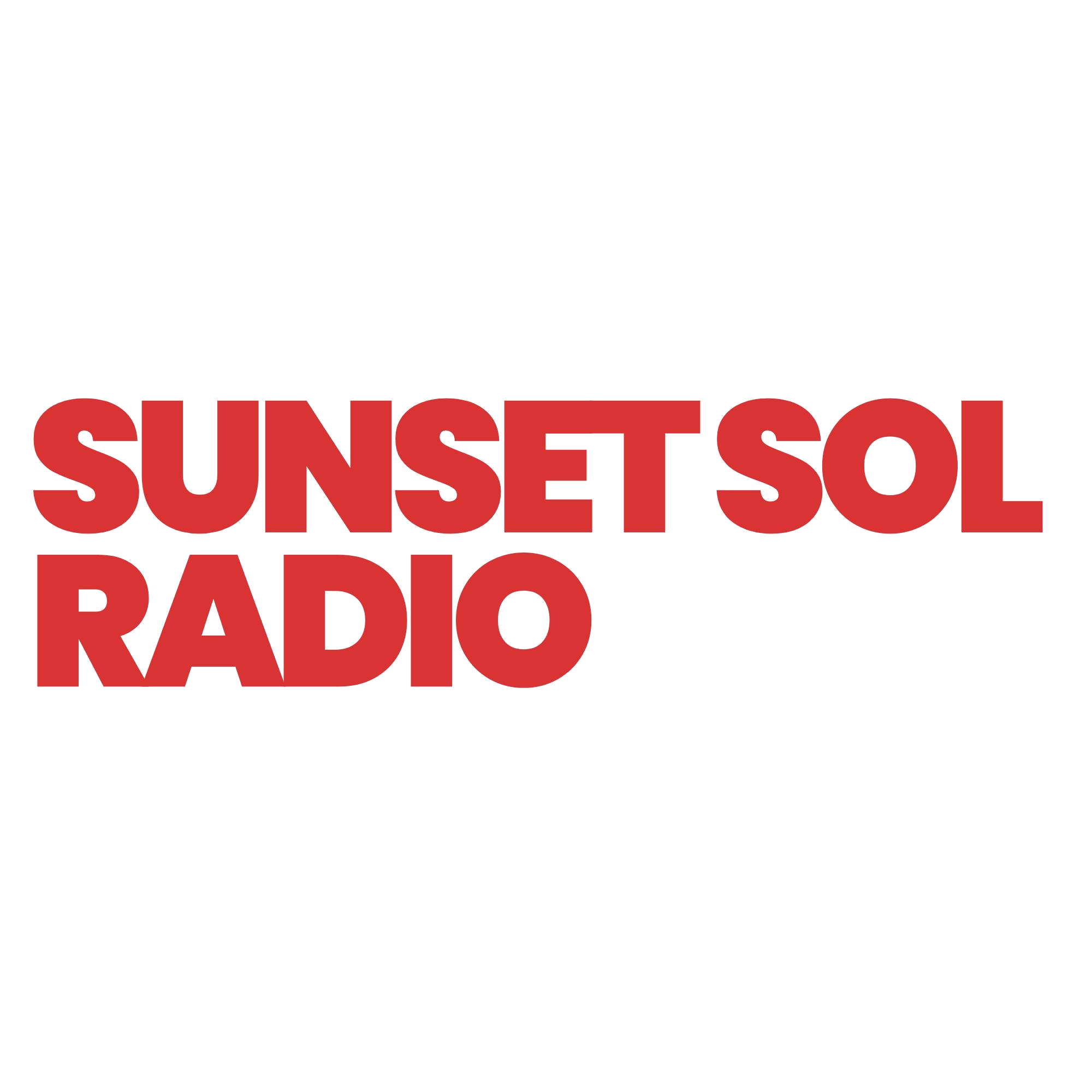 Logo for Sunset Sol Radio with red and blue text.