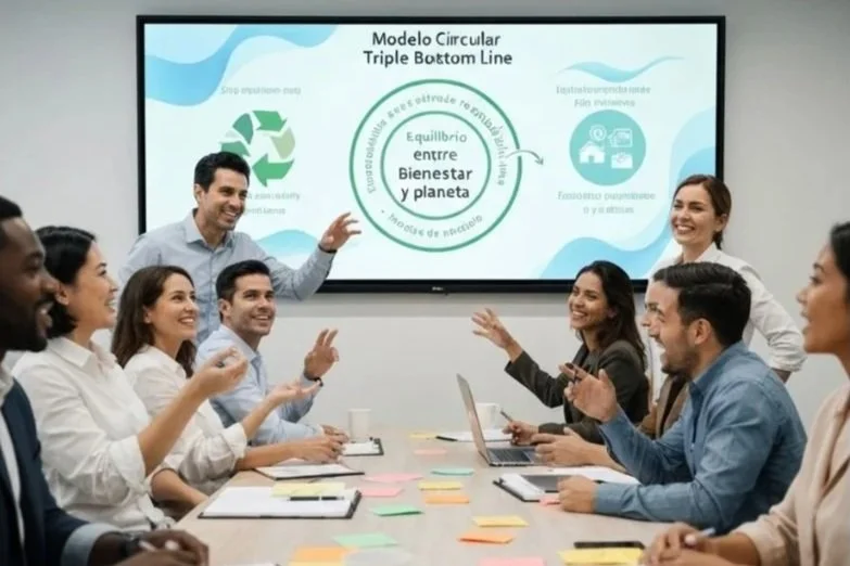 Reunión de negocios con personas en una mesa, presentando un diagrama sobre equilibrio entre bienestar y planeta en una pantalla