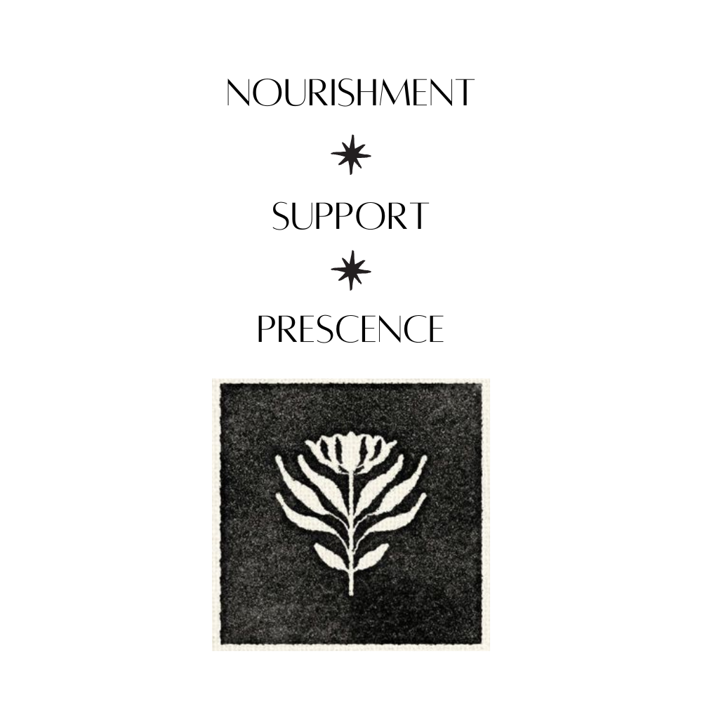 Black and white illustration of a flower with multiple petals, surrounded by leaf-like structures, centered within a square.