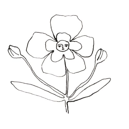 Line drawing of a flower with a smiling face in the center, surrounded by five petals, with two buds and leaves.