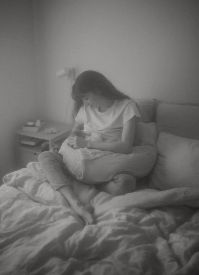 A person sitting on a bed in a hospital gown, comforted by a nurse in a clinical setting.