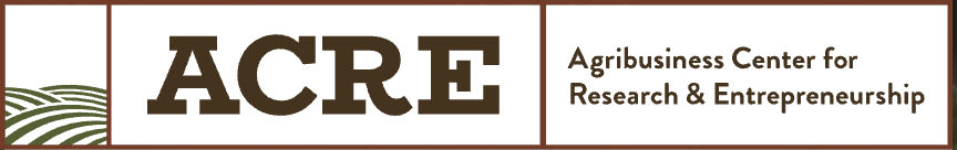 College logo for ACRE, the Agribusiness Center for Research & Entrepreneurship, with a stylized green field icon on the left.