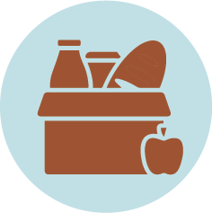 A brown box filled with various food items, including a bottle, a glass, a loaf of bread, and an apple, set against a light blue circular background.