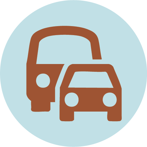 Icon of a bus and a car depicted in brown on a light blue circular background.