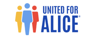 Logo for United for ALICE, featuring three stylized human figures in yellow, blue, and red, with the organization name in blue text.