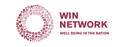 Logo with circular icon made of social media and communication icons, and text reading "WIN NETWORK" and "WELL BEING IN THE NATION."