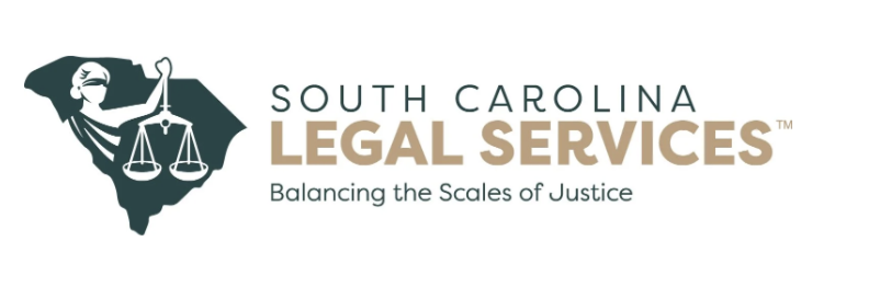 Logo for South Carolina Legal Services with a stylized scale of justice on a map of South Carolina and the tagline 'Balancing the Scales of Justice'.