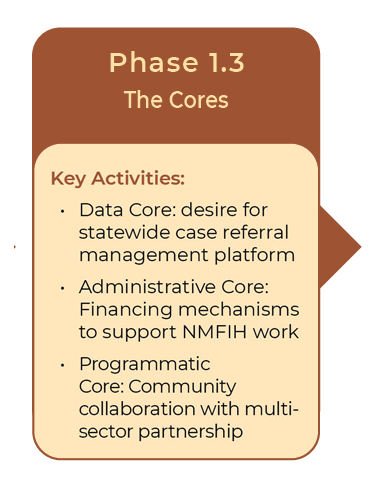 A presentation slide titled 'Phase 1.3 The Cores' with key activities listed in a beige box, including Data Core, Administrative Core, and Programmatic Core.