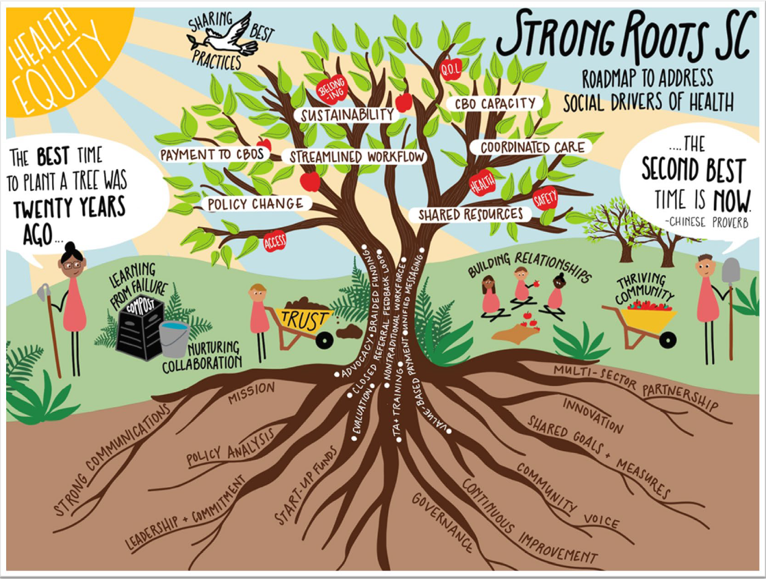 An illustrated tree depicting a roadmap to address social drivers of health, including roots labeled with aspects like strong communications, policy analysis, leadership, governance, and innovative shared goals, and branches with concepts such as sustainability, access, shared resources, health, and safety. The background highlights focus on health equity, community relationships, and learning from failure, with people tending to the tree and nurturing community.
