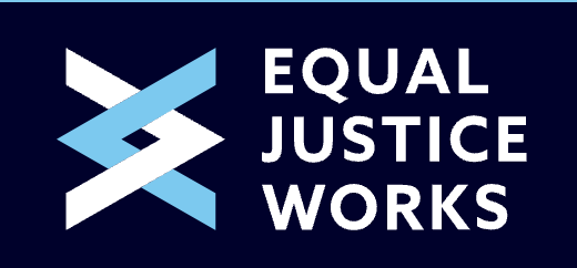 Logo with interconnected white and blue lines and the text 'EQUAL JUSTICE WORKS' in white on a dark blue background.