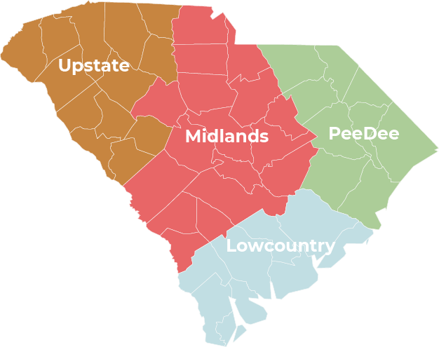 Map of South Carolina divided into regions labeled Upstate, Midlands, PeeDee, and Lowcountry with distinct colors.
