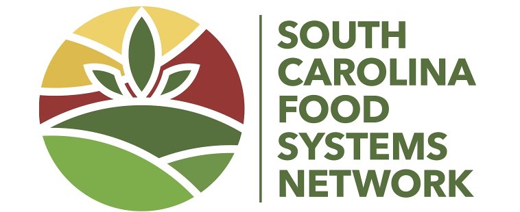 Logo for South Carolina Food Systems Network with a stylized sun, leaf, and fields in green, yellow, and red
