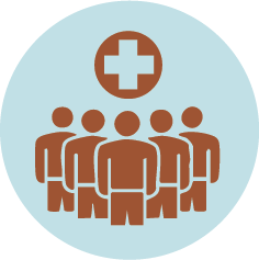 Group of healthcare workers standing together with a medical cross symbol above them