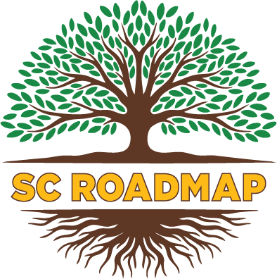 Illustration of a large tree with green leaves, brown trunk and roots, and the words "SC Roadmap" in bold yellow text beneath it.