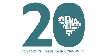 Number 20 with a heart-shaped house and cityscape icon inside the zero, and text below that reads '20 YEARS OF INVESTING IN COMMUNITY'.