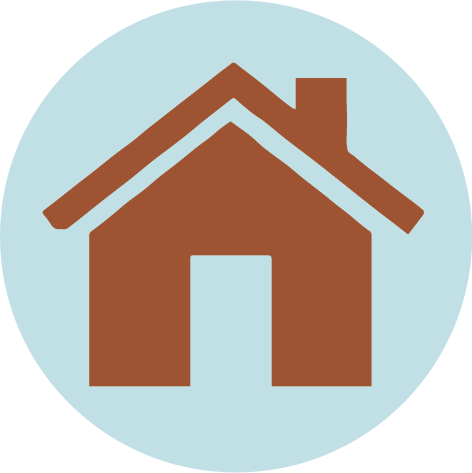 Icon of a brown house with a chimney on a light blue circular background.