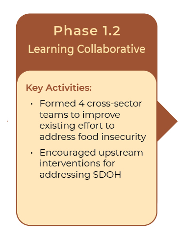 A presentation slide titled 'Phase 1.2 Learning Collaborative' with key activities including forming four cross-sector teams to improve efforts to address food insecurity and encouraging upstream interventions for addressing SDOH.