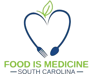 Outline of a heart made from a fork and spoon with a leaf at the top, and the text 'Food is Medicine South Carolina' below.