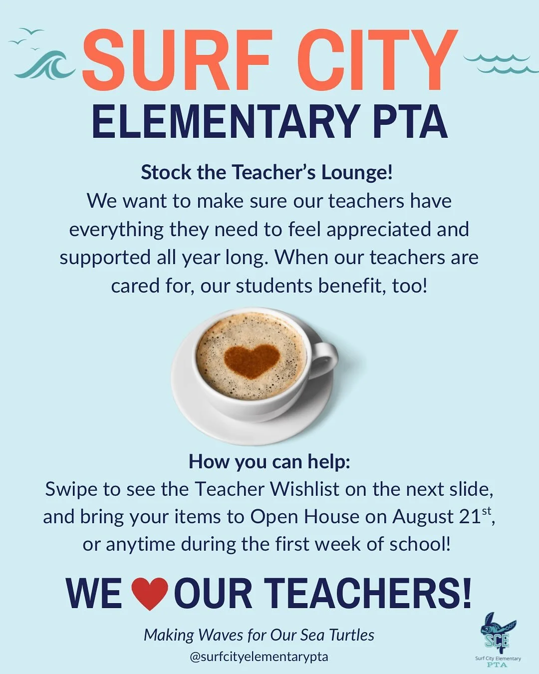 Hey Sea Turtle families! We need your help to Stock the Teacher&rsquo;s Lounge! 🐢 

We love our teachers and want to make sure they have everything they need to feel appreciated and supported all year long. ☕️

When our teachers are cared for, our s