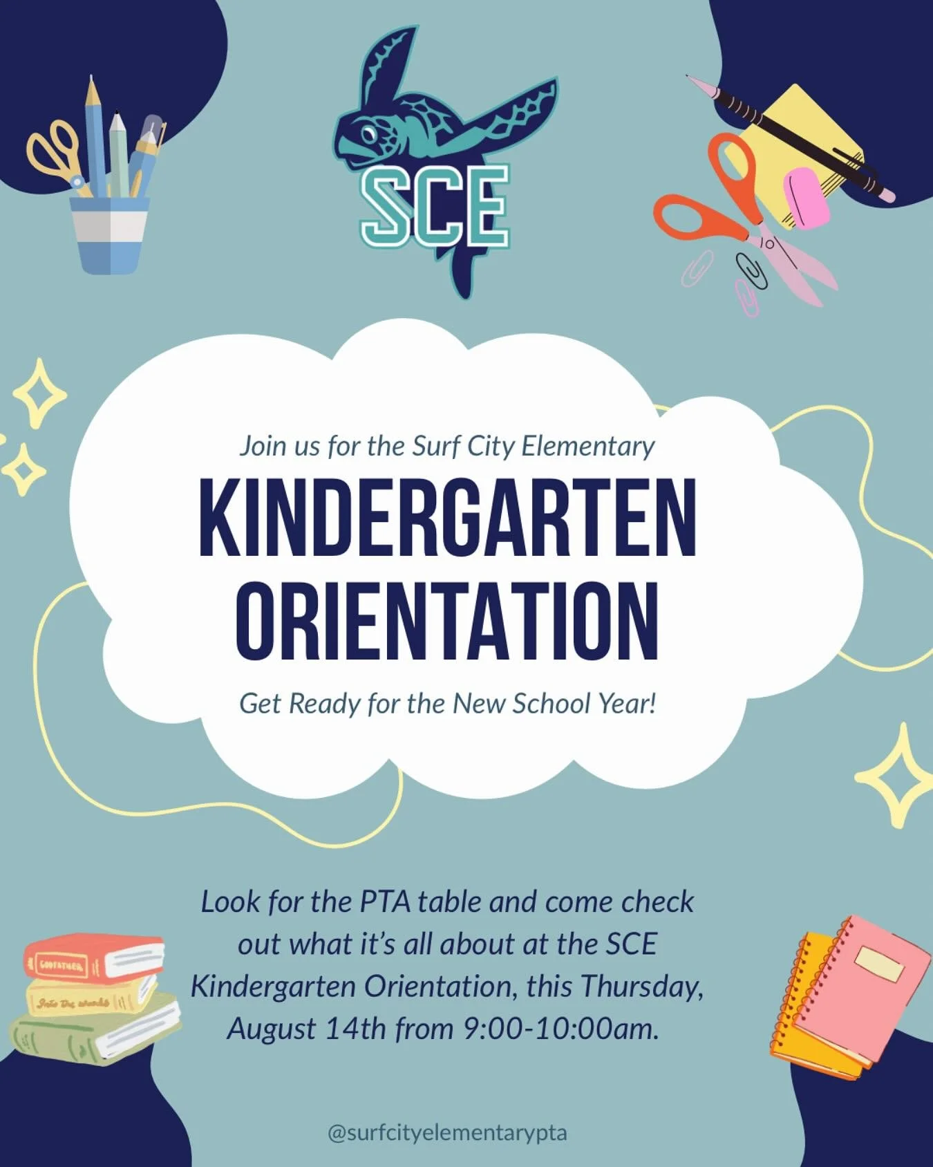 🌟 Welcome, newest Sea Turtles! 🐢💛 

Kindergarten Orientation is this Thursday, August 14th from 9:00-10:00AM! 

Make sure to stop by the PTA table to say hi, learn more about our mission, and sign up to be part of our amazing school community! 📝✨