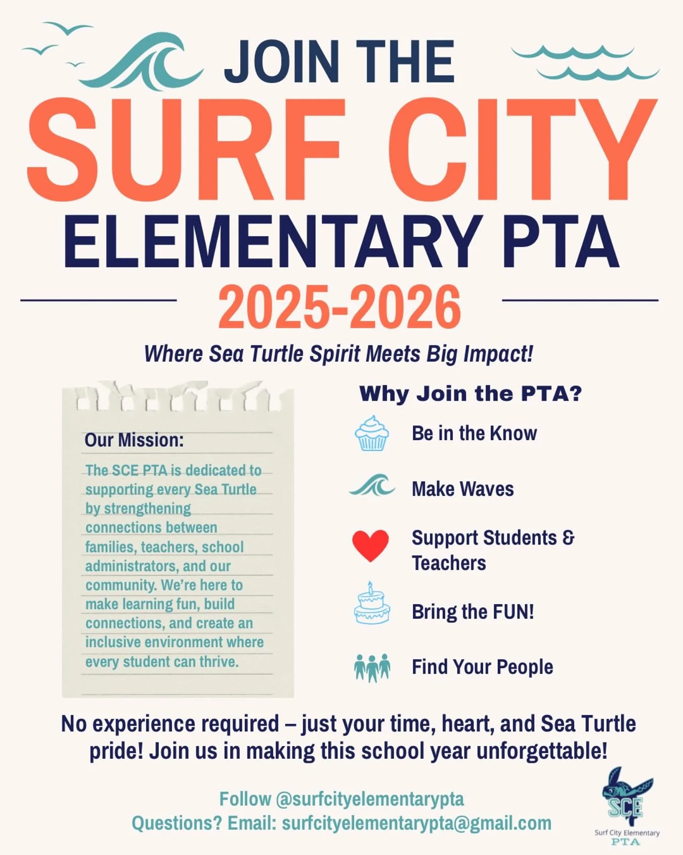 🎉 Big things are happening this school year &mdash; and we want YOU to be part of it! Join the Surf City Elementary PTA and help us create a fun, supportive, and thriving school community for our Sea Turtles! 🐢🌊

💥 Why join?
✅ Be in the know
✅ Su