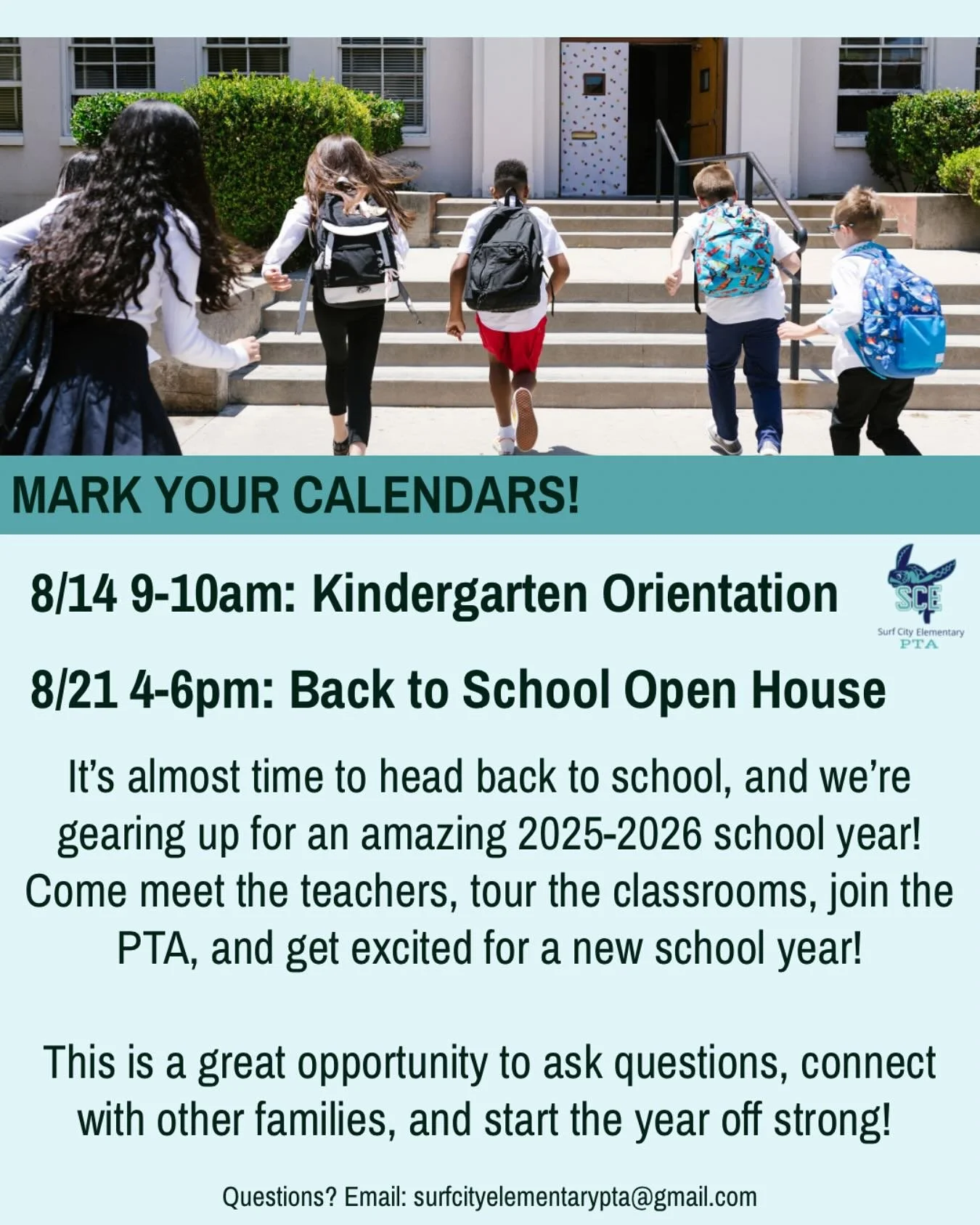 🐢 Mark Your Calendars, Sea Turtle Families, for the Surf City Elementary Back to School Events! 

We&rsquo;re excited to kick off a fin-tastic new school year with these important events:

🧒 Kindergarten Orientation
📅 Thursday, August 14
🕘 9:00&n