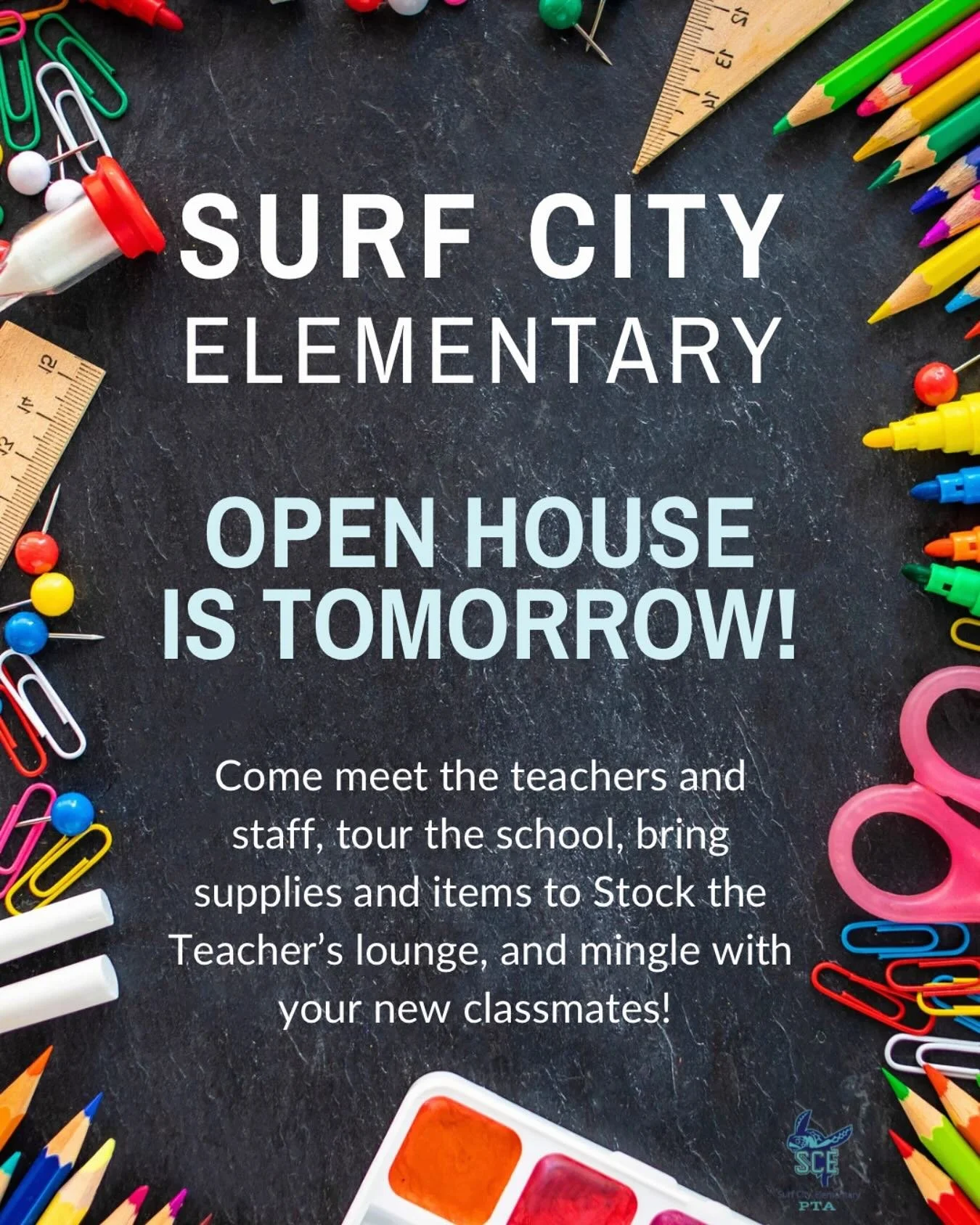 ✨ SCE Open House is THIS Thursday, 8/21 from 4&ndash;6pm! ✨

Come meet the teachers, tour the school, and drop off your supplies to get ready for an amazing year ahead. 🍎✏️

💙 Stop by the PTA table to:
✔️ Join the PTA
✔️ Help us stock the Teacher&r