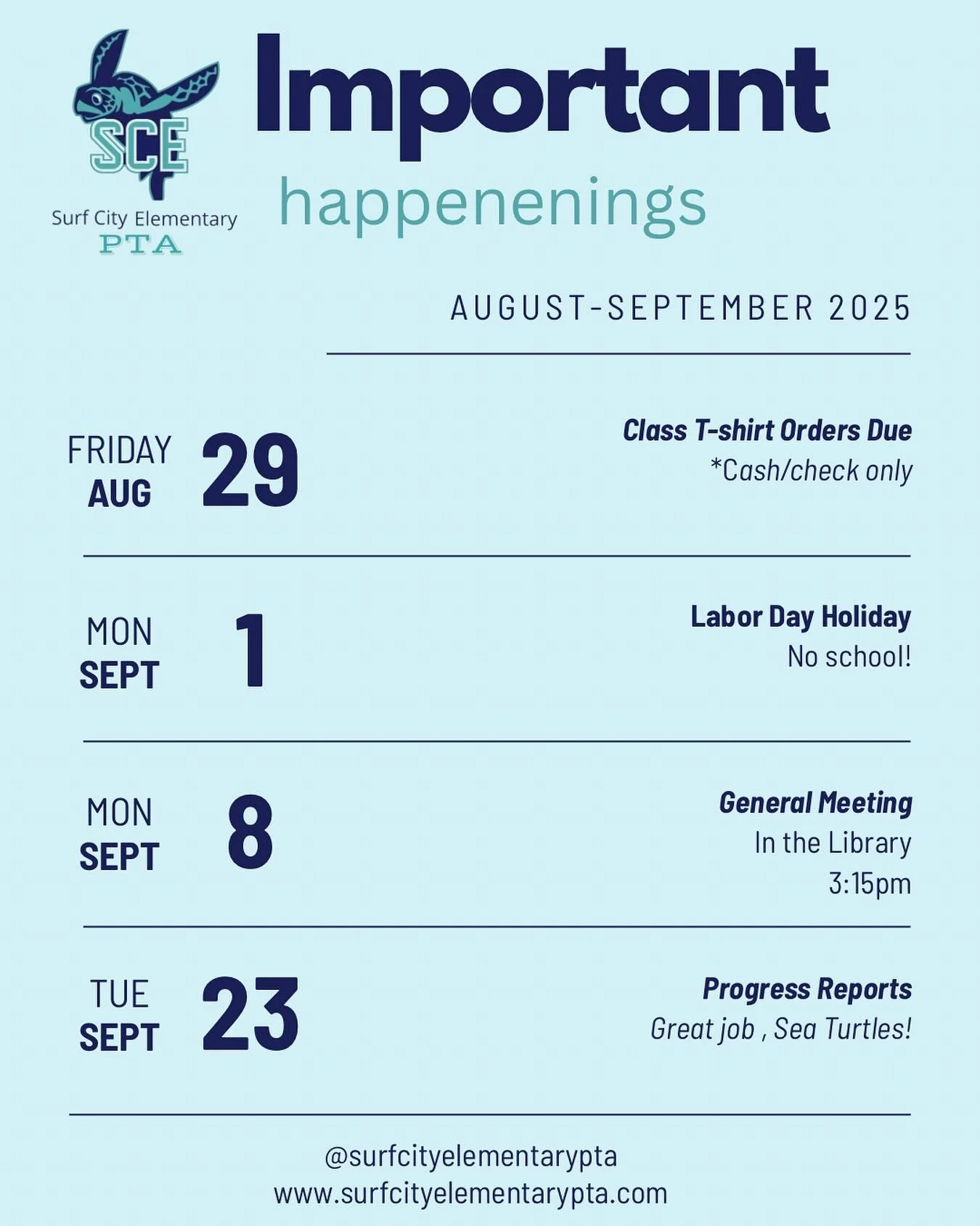 What&rsquo;s Happening at SCE? 🐢✨
August &amp; September are packed with important happenings for our Sea Turtle family! 🏫💛

Here&rsquo;s what&rsquo;s coming up:
👕 Class T-Shirt Orders &ndash; Don&rsquo;t forget to get yours in!
📅 First PTA Gene