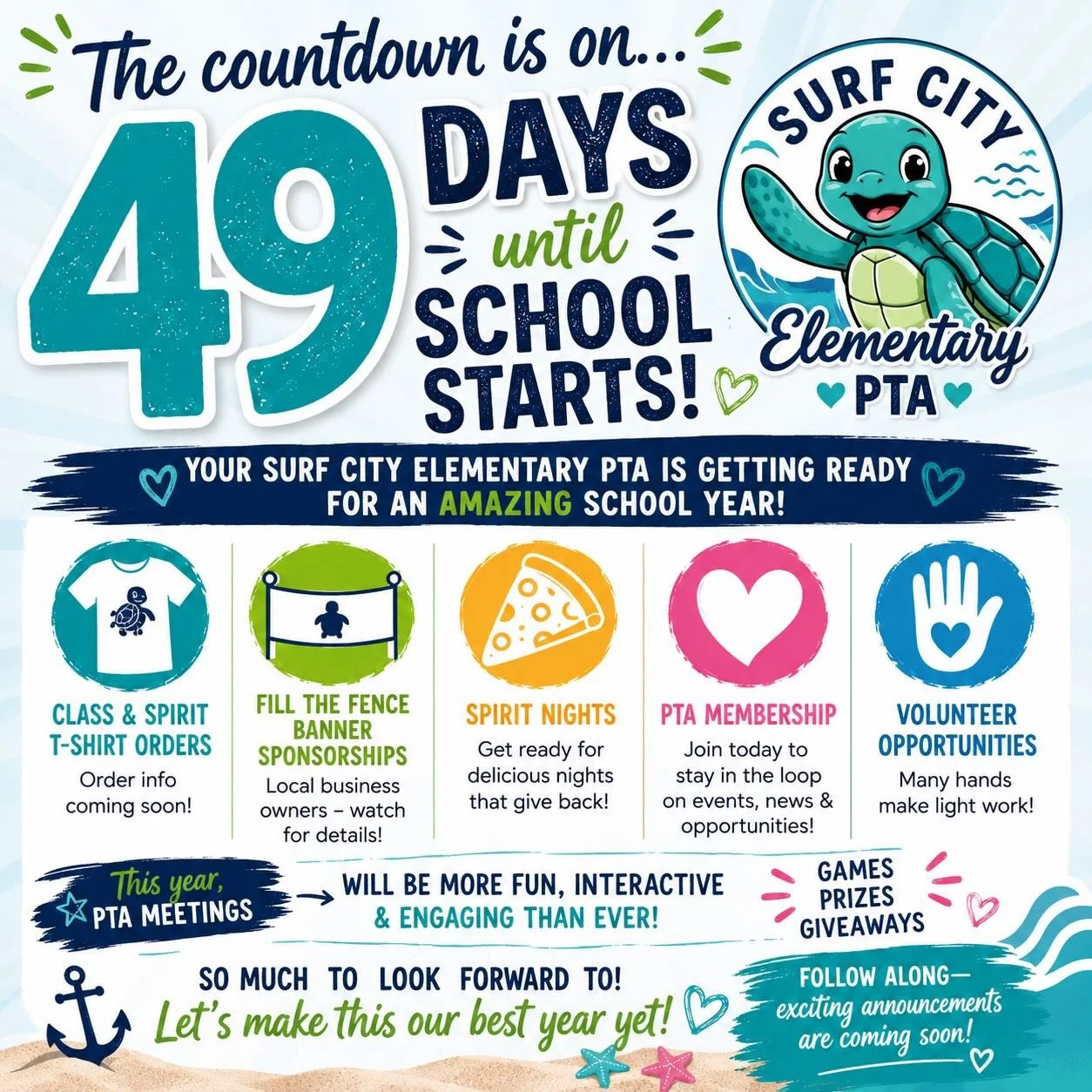 📚🐢 The countdown is on...only 49 days until our Sea Turtles head back to school! 💙

While you&rsquo;re soaking up the last weeks of summer, your Surf City Elementary PTA is already busy planning an incredible year for our students, teachers, staff