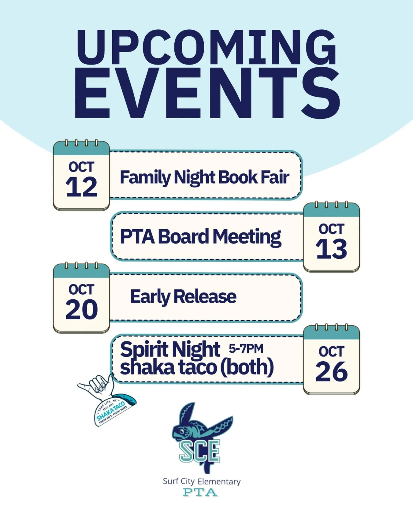🌊🐢 Catch the Wave of Upcoming Dates, Sea Turtles! 🌊🐢
October is packed with fun ways to connect, support our school, and make a splash! 💙 Mark your calendars and save this post so you don&rsquo;t miss out:
📚 Oct 12 | Book Fair Family Night
Dive
