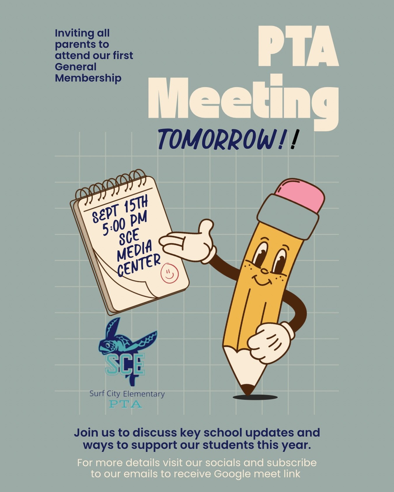Reminder: Our next PTA meeting is **tomorrow, Tuesday, 9/15, at 5:00 PM** in the school library! 💙🐢
Join us in person for:
 * 🧸 **Free childcare** on-site
 * 🎟️ **Raffle entry** to win prizes from local businesses (in-person attendees only!)
**On