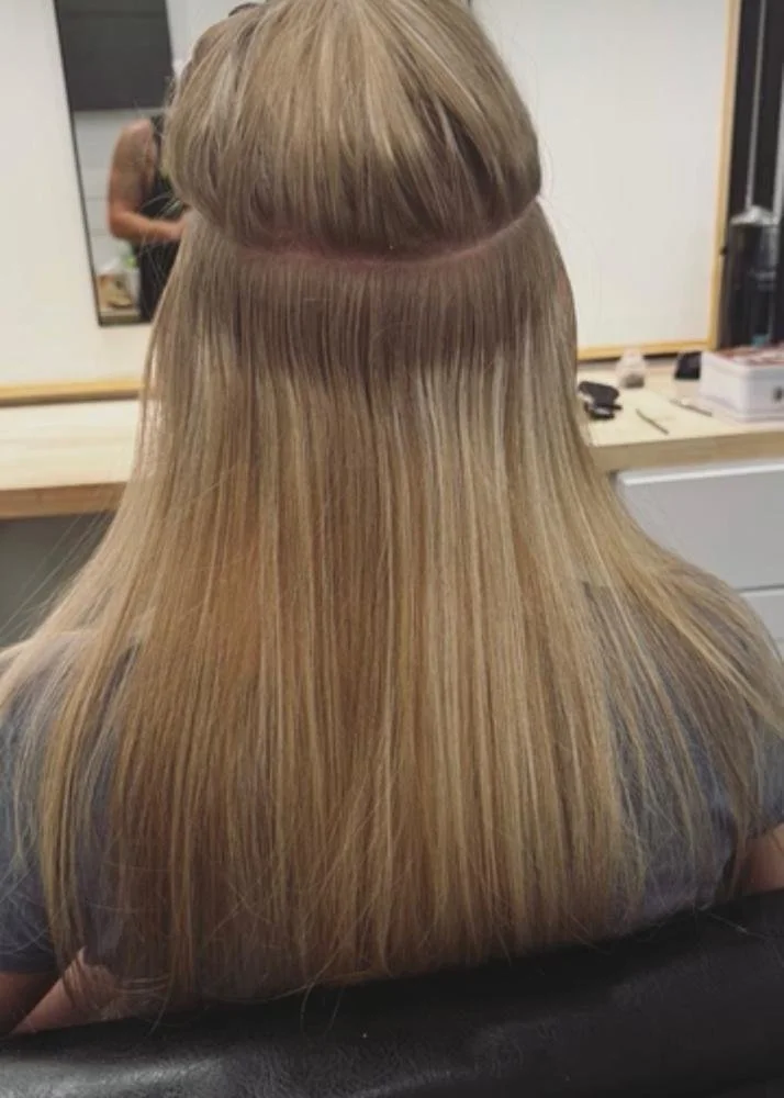 Hand-tied extension install in progress, beaded row, by Michael Joseph Hair, North Phoenix