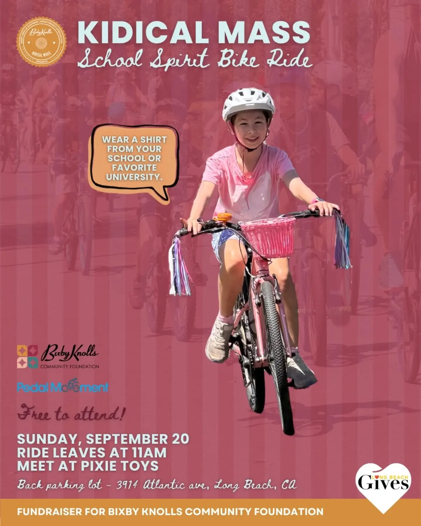 Show your school spirit by wearing a jersey, shirt, or anything from your favorite university or your old high school!

We will be providing free minor repairs before the ride 🔧 🚲 ❤️ See you all there!!