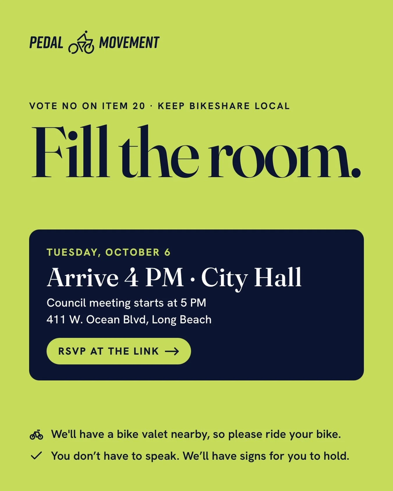 Tomorrow is the vote. We need you in the room.

City Council decides Tuesday whether Long Beach BikeShare stays with a Long Beach business or goes to a company headquartered in Toronto. A full room tells them this city wants it kept local.

📍 Long B