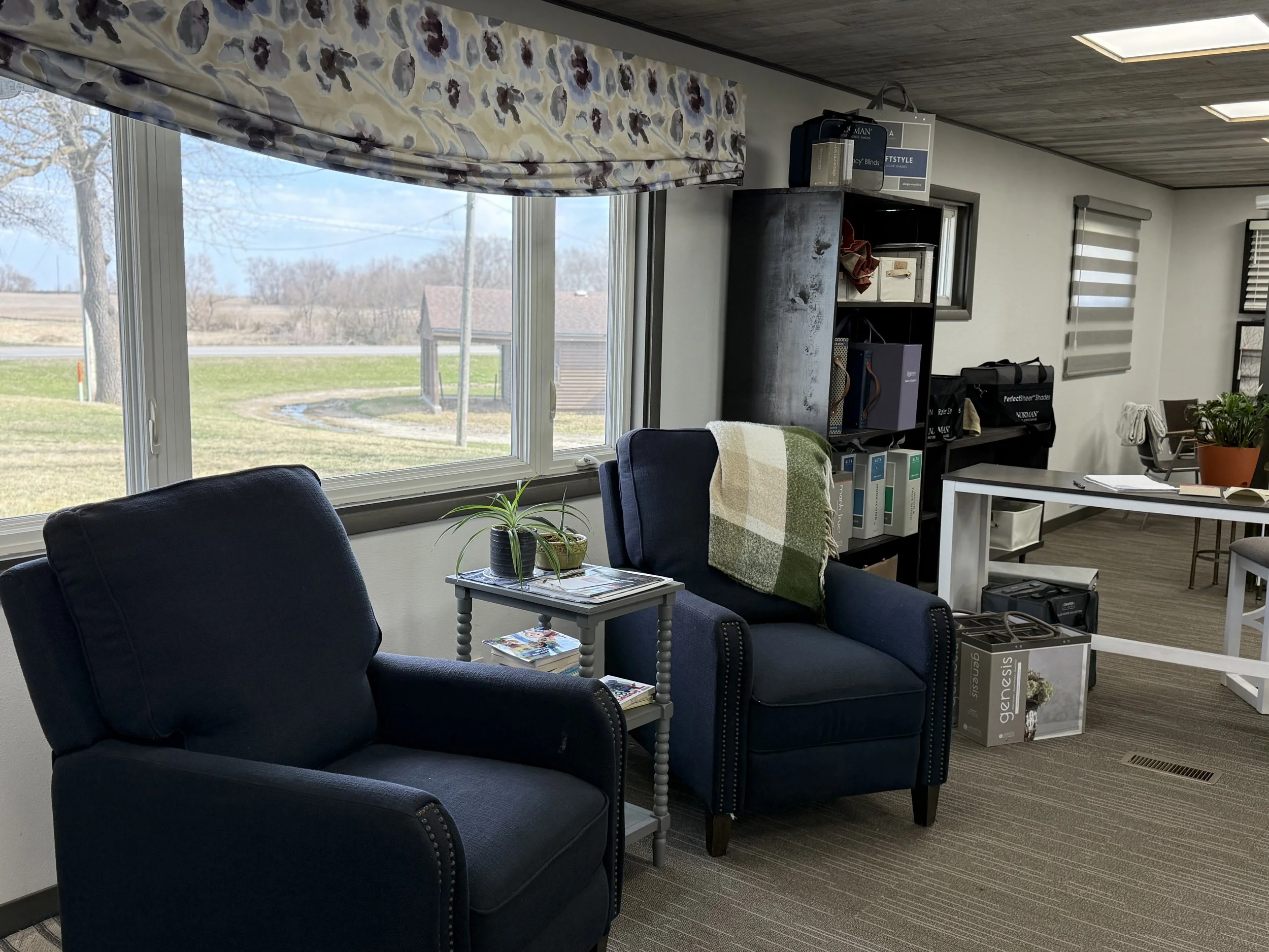 Seating area next to samples at Korner Window