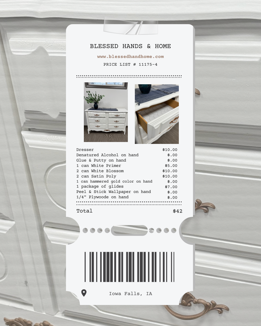 White Dresser Price Card